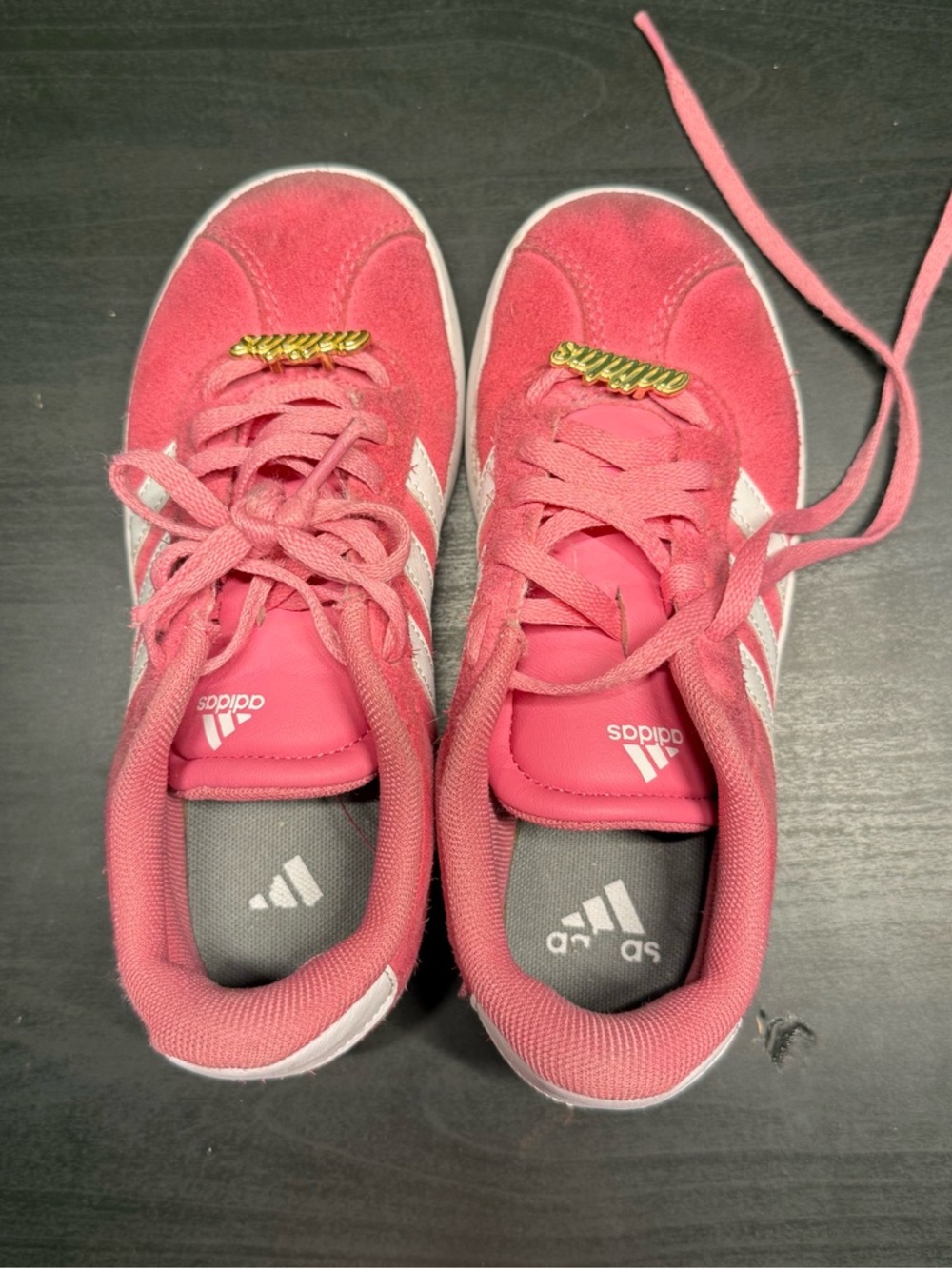 Adidas Kids Pink Suede Sneakers with White Stripes (I don't want 2 clean) - Picture 6 of 7